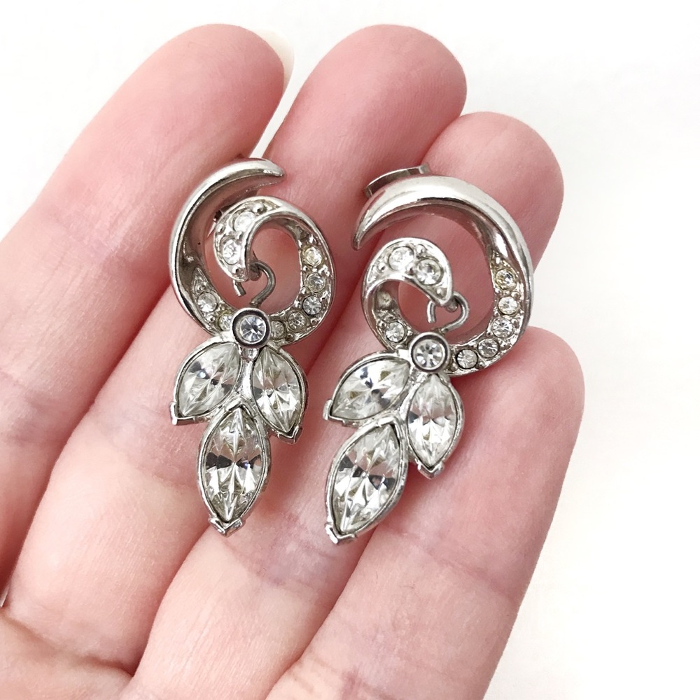 Vintage silver spiral rhinestone earrings